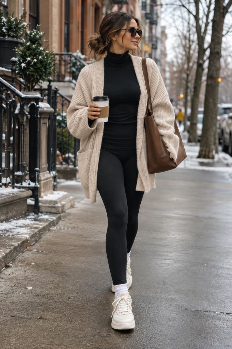 Winter casual outfit idea turtleneck leggings