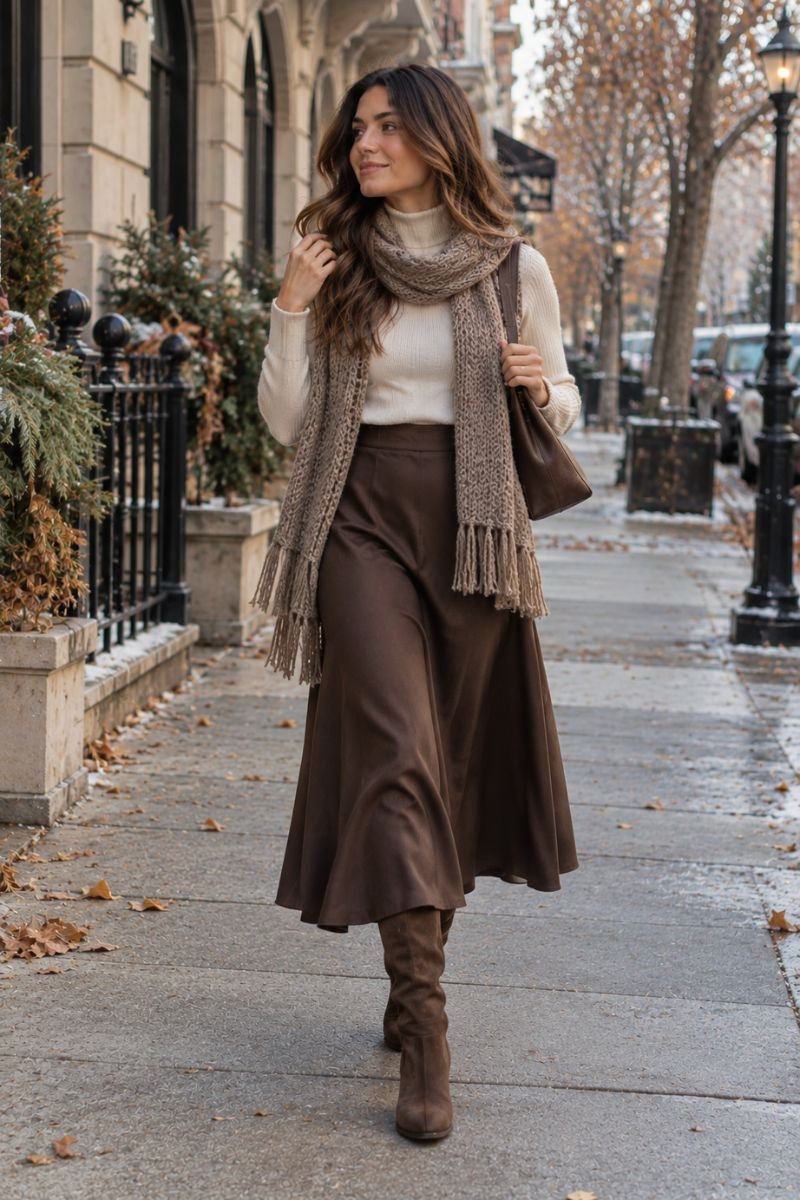 Winter casual outfit idea turtleneck midi skirt