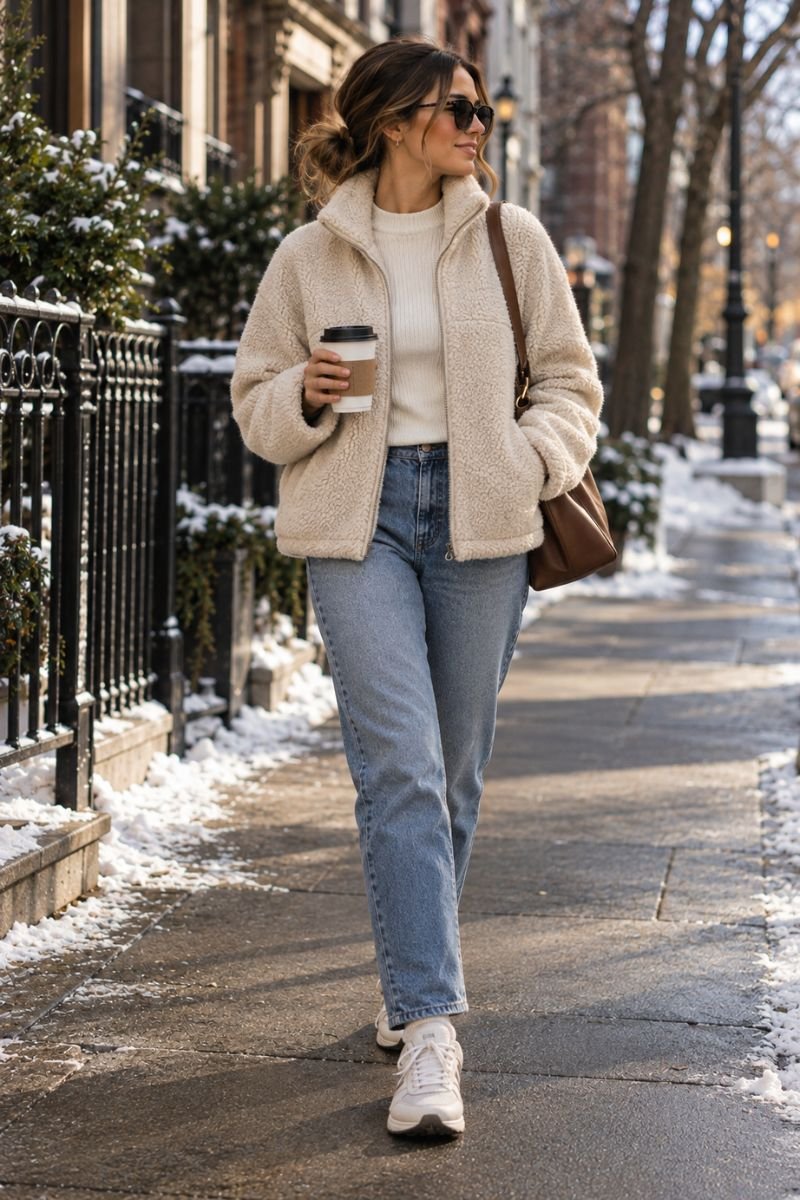 Winter casual outfit idea wool fleece jacket