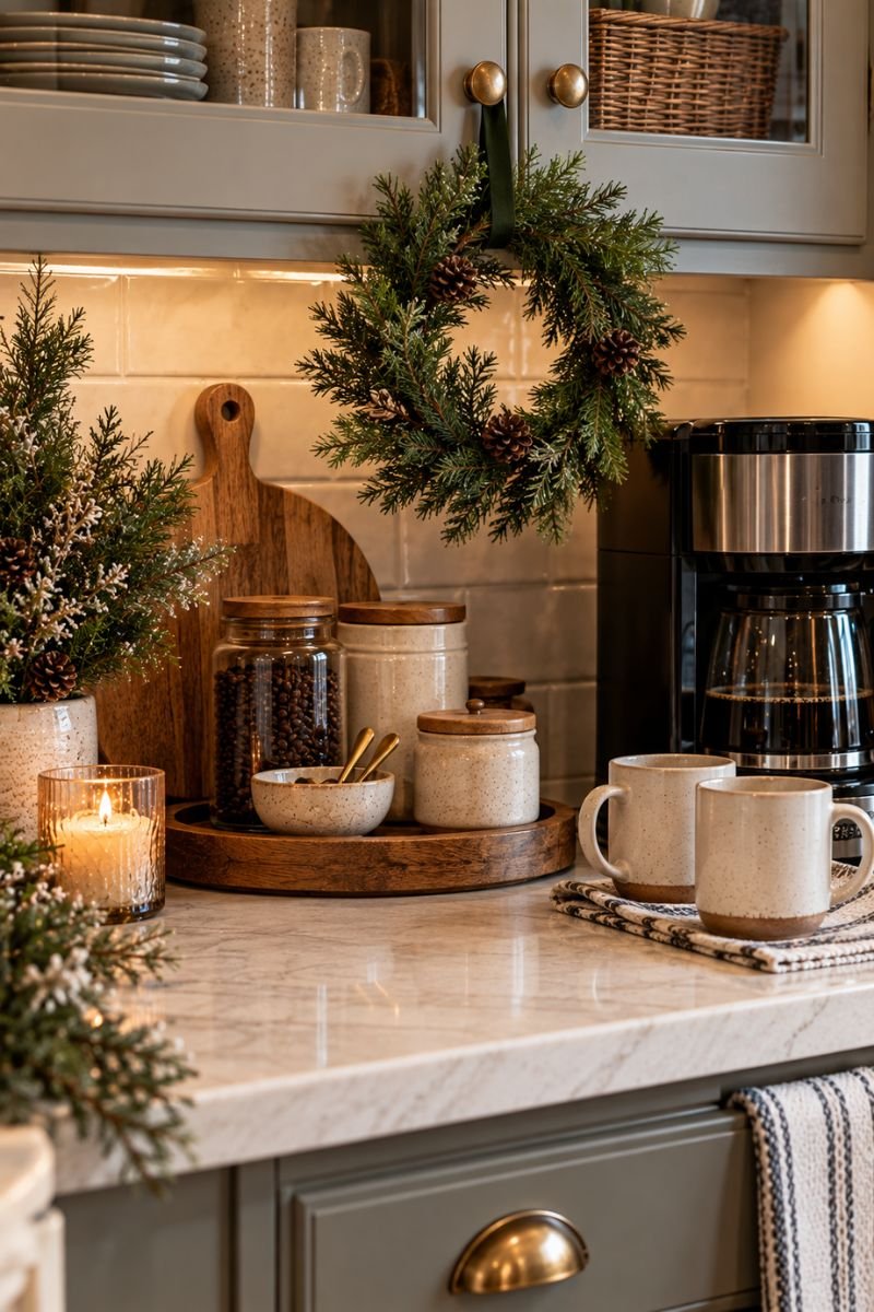 Winter coffee bar idea greenery wreath