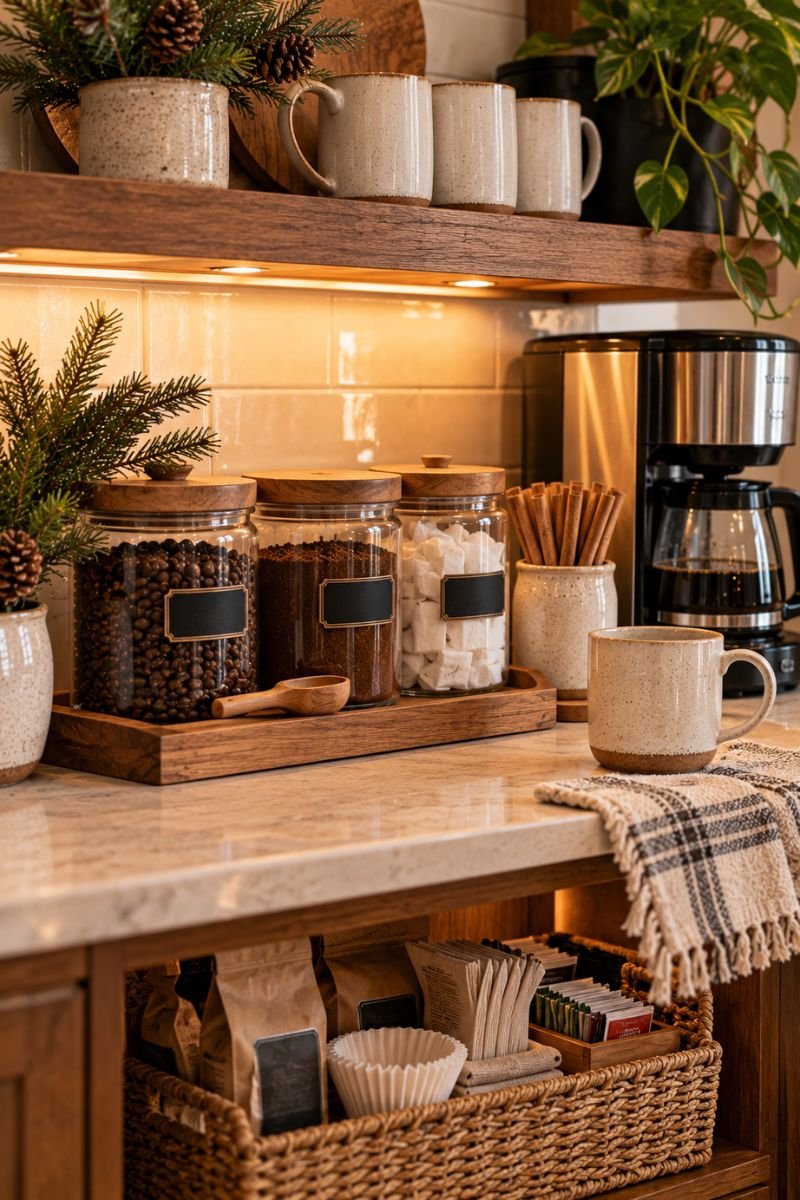 Winter coffee bar idea labeled canisters