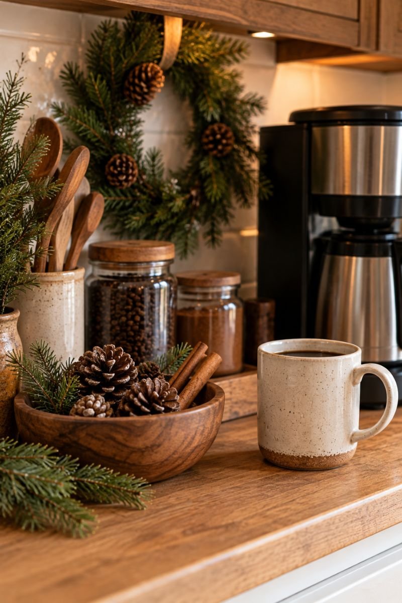 Winter coffee bar idea pinecone accents