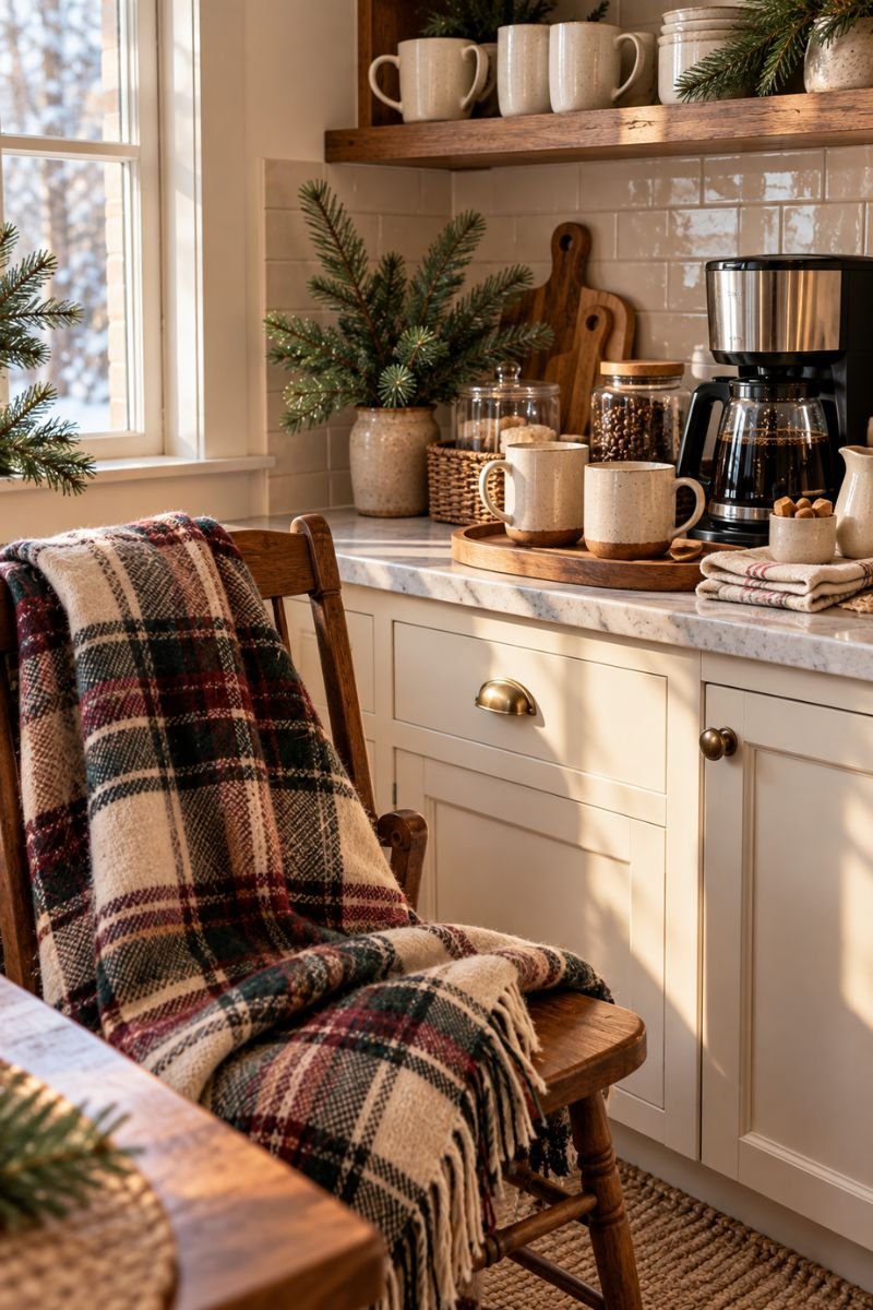 Winter coffee bar idea plaid blanket