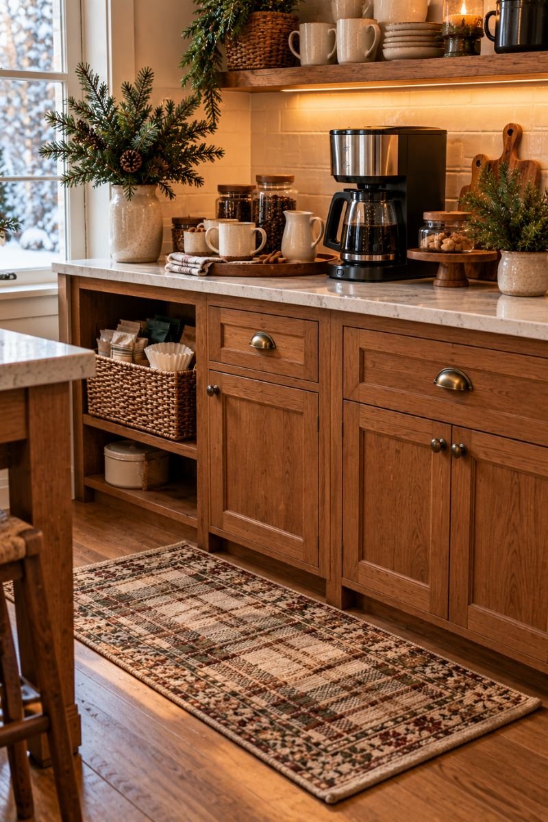 Winter coffee bar idea small rug