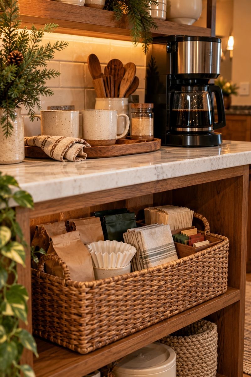 Winter coffee bar idea storage basket