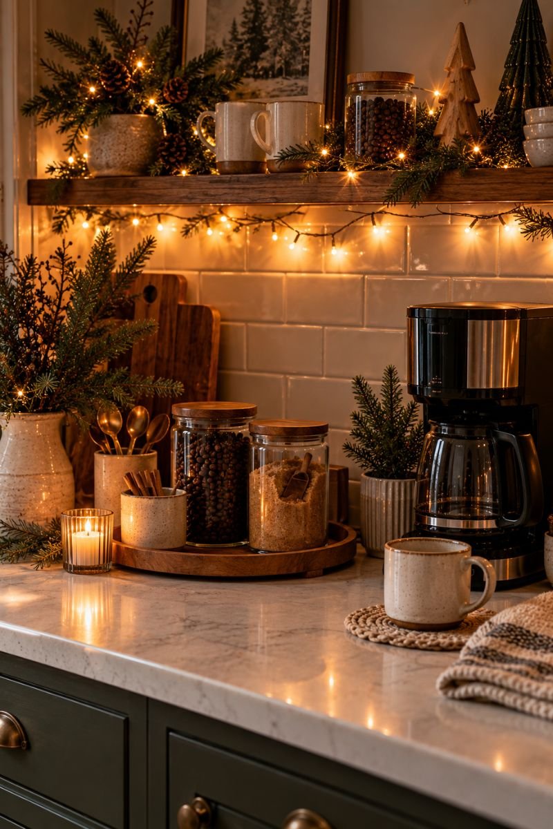 Winter coffee bar idea string lights