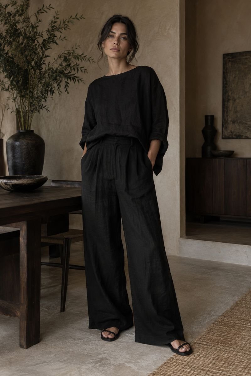 all black linen set zen goth outfit idea
