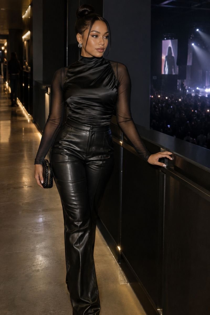 all black sleek usher concert outfit idea