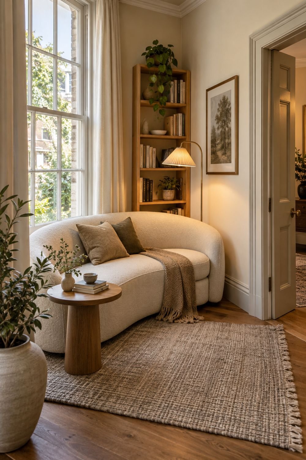 awkward corner curved sofa living room idea