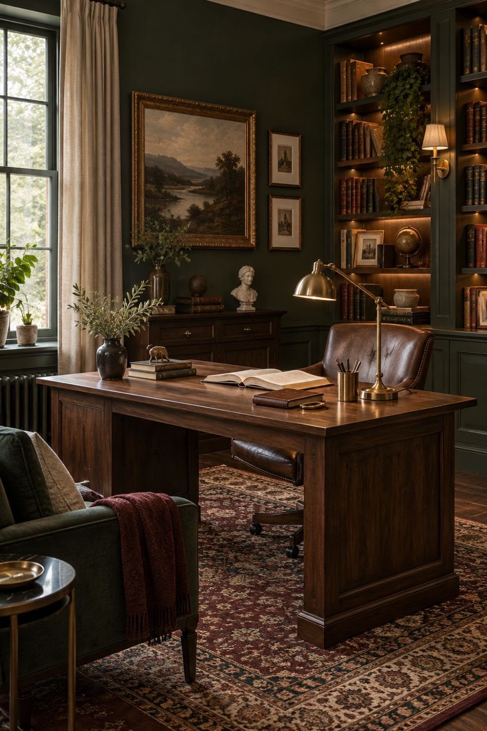 balanced palette dark academia home office idea