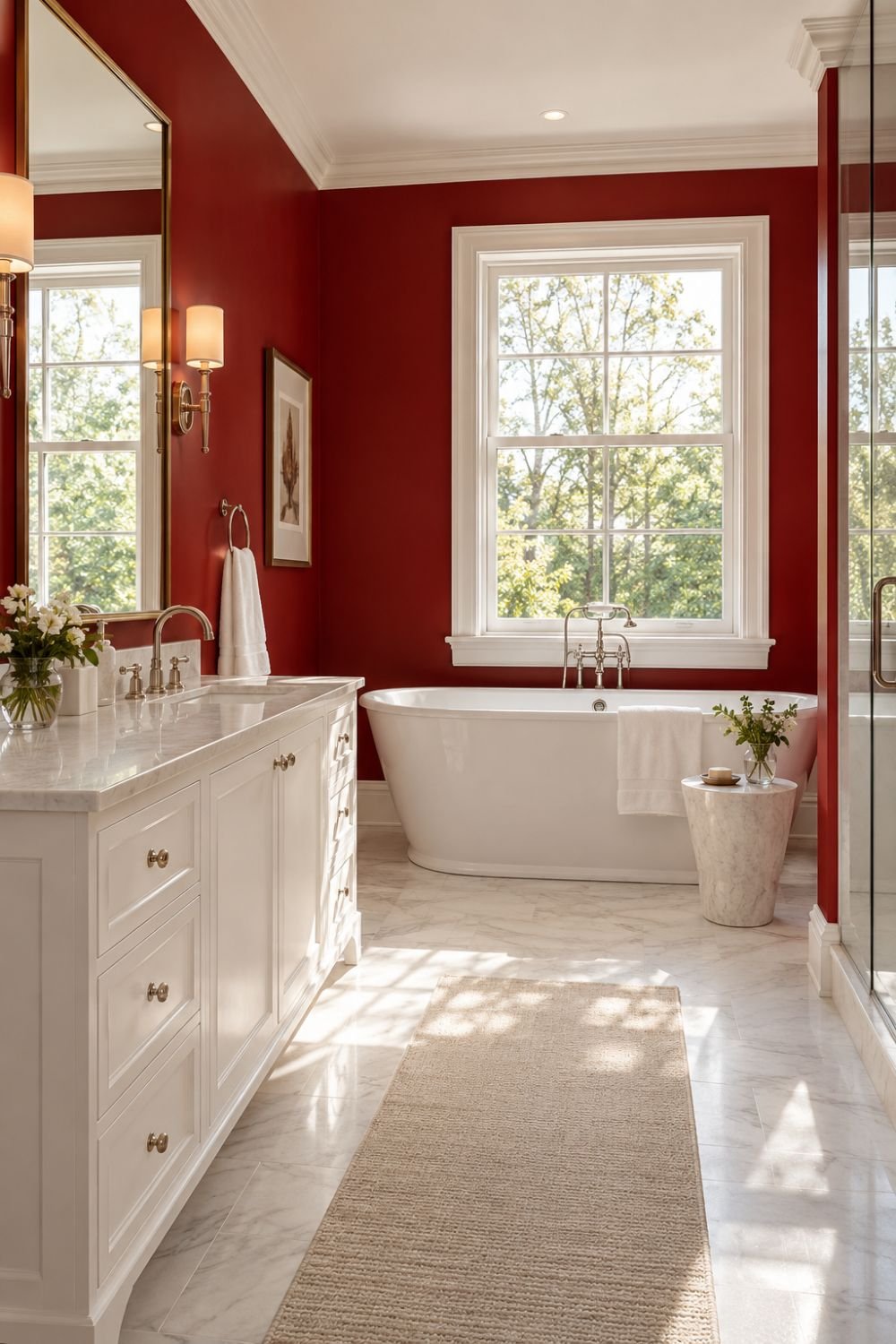 balanced white red bathroom decor idea