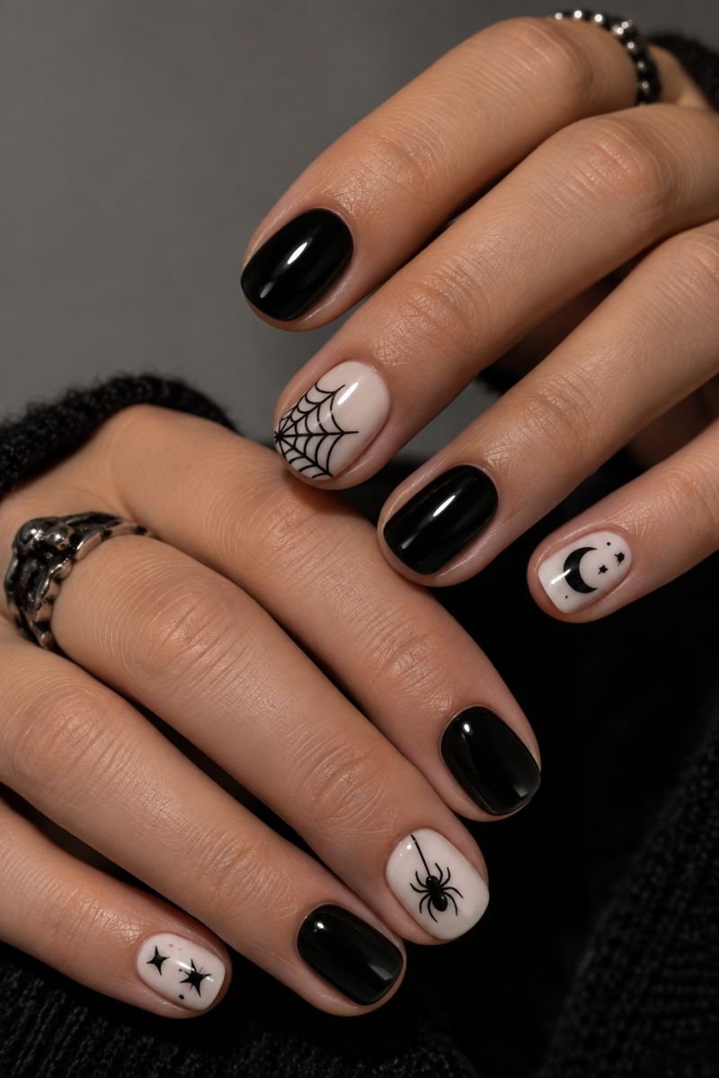 black and white halloween nail design