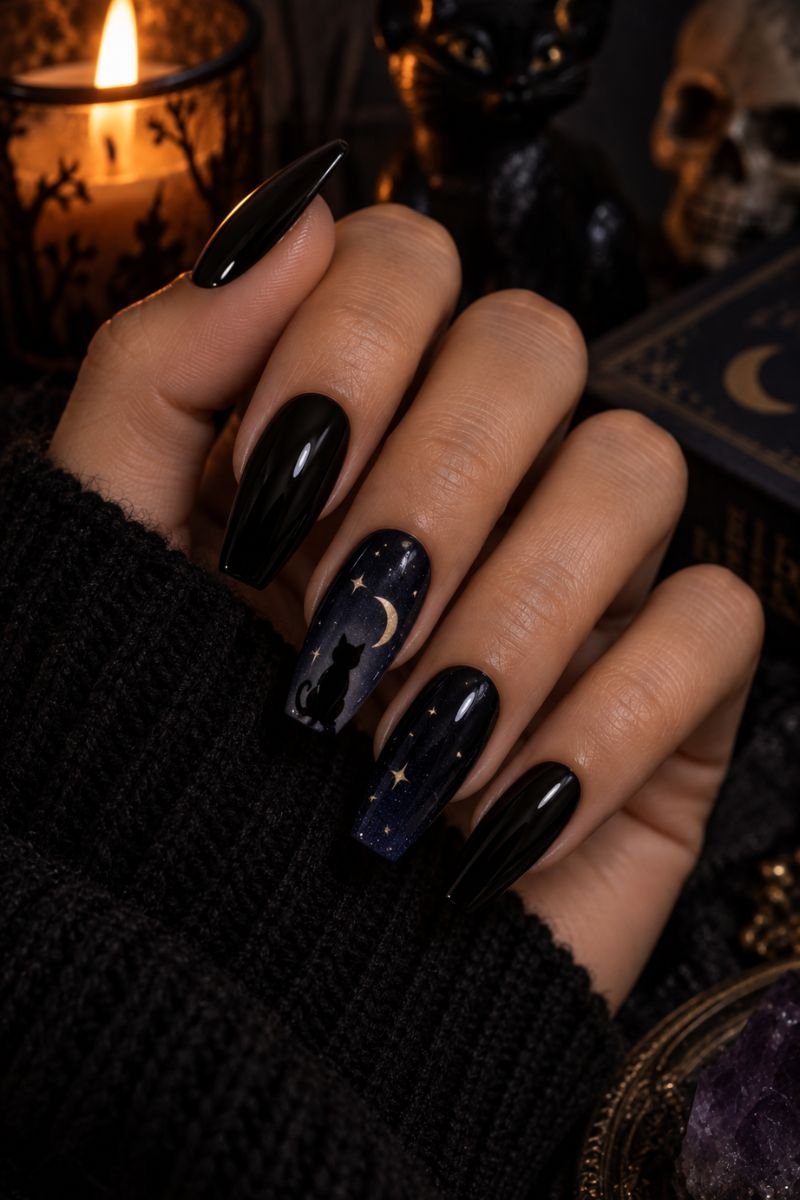 black cat moon halloween nail design