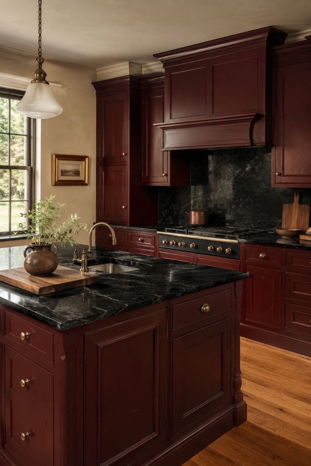black countertops oxblood kitchen idea