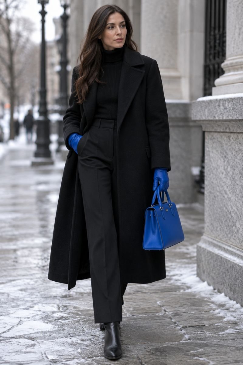 blue accessories with all black winter outfit
