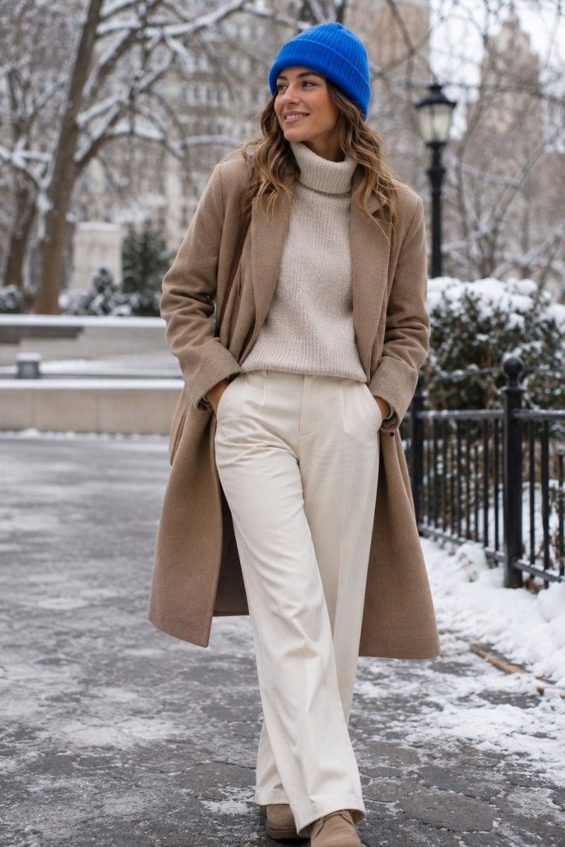 blue beanie with neutral winter layers