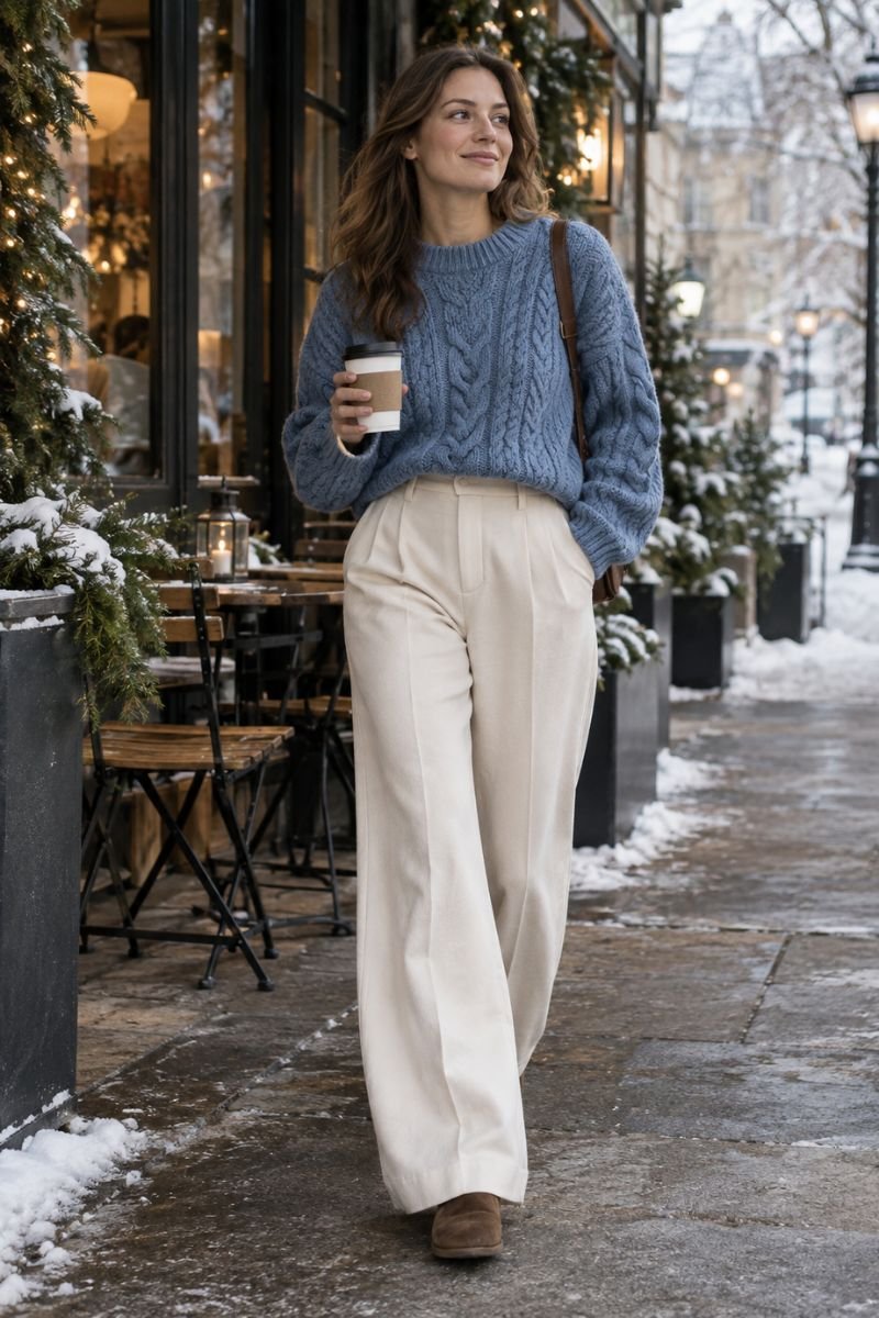 blue cable knit with wide leg trousers