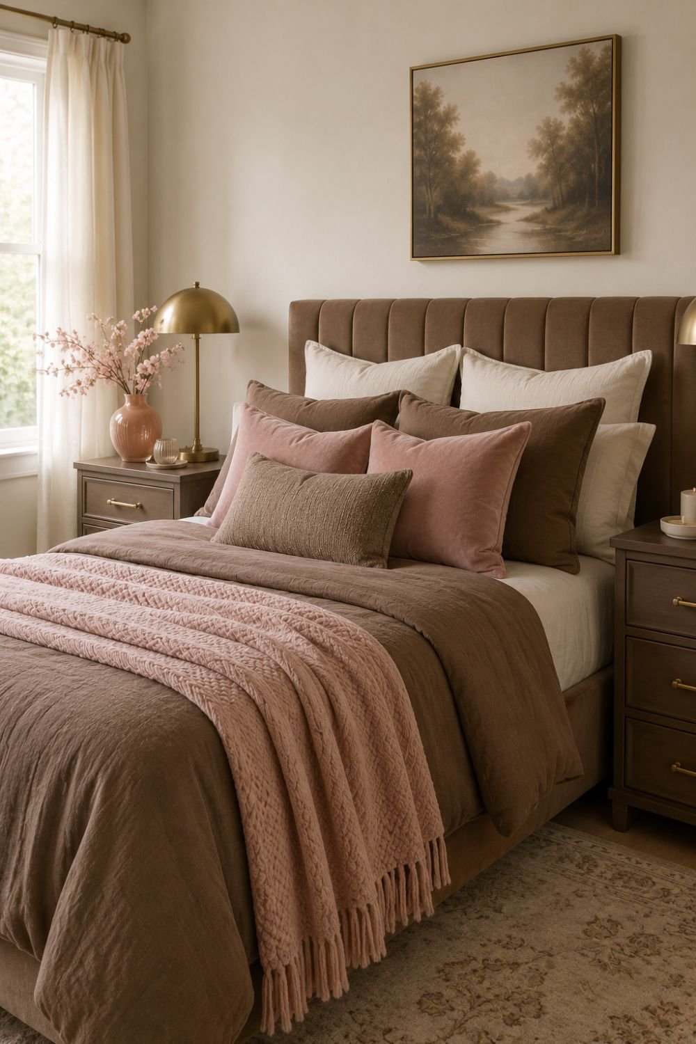 blush pink accent mocha mousse bedroom idea