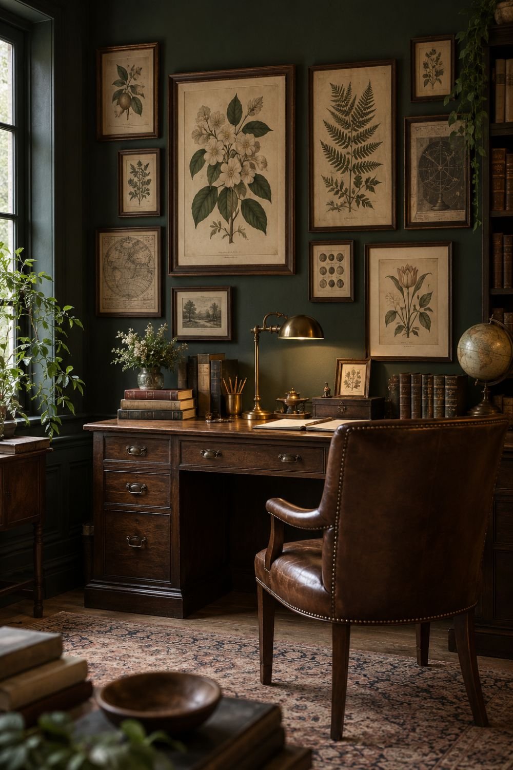 botanical gallery wall dark academia home office idea