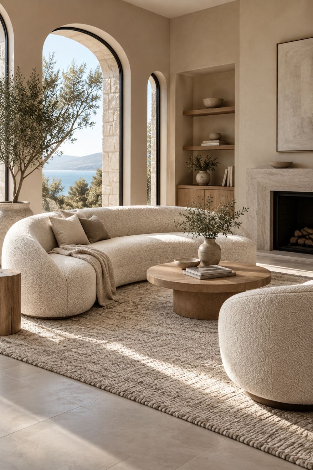boucle upholstery curved sofa living room idea