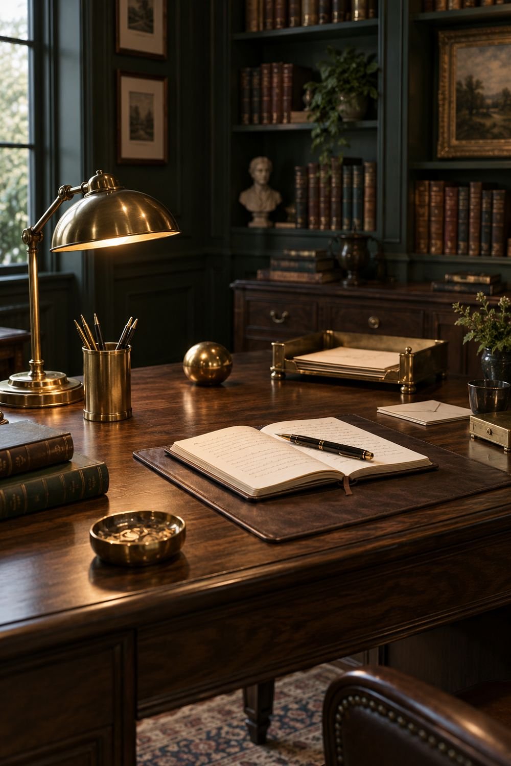 brass accessories dark academia home office idea