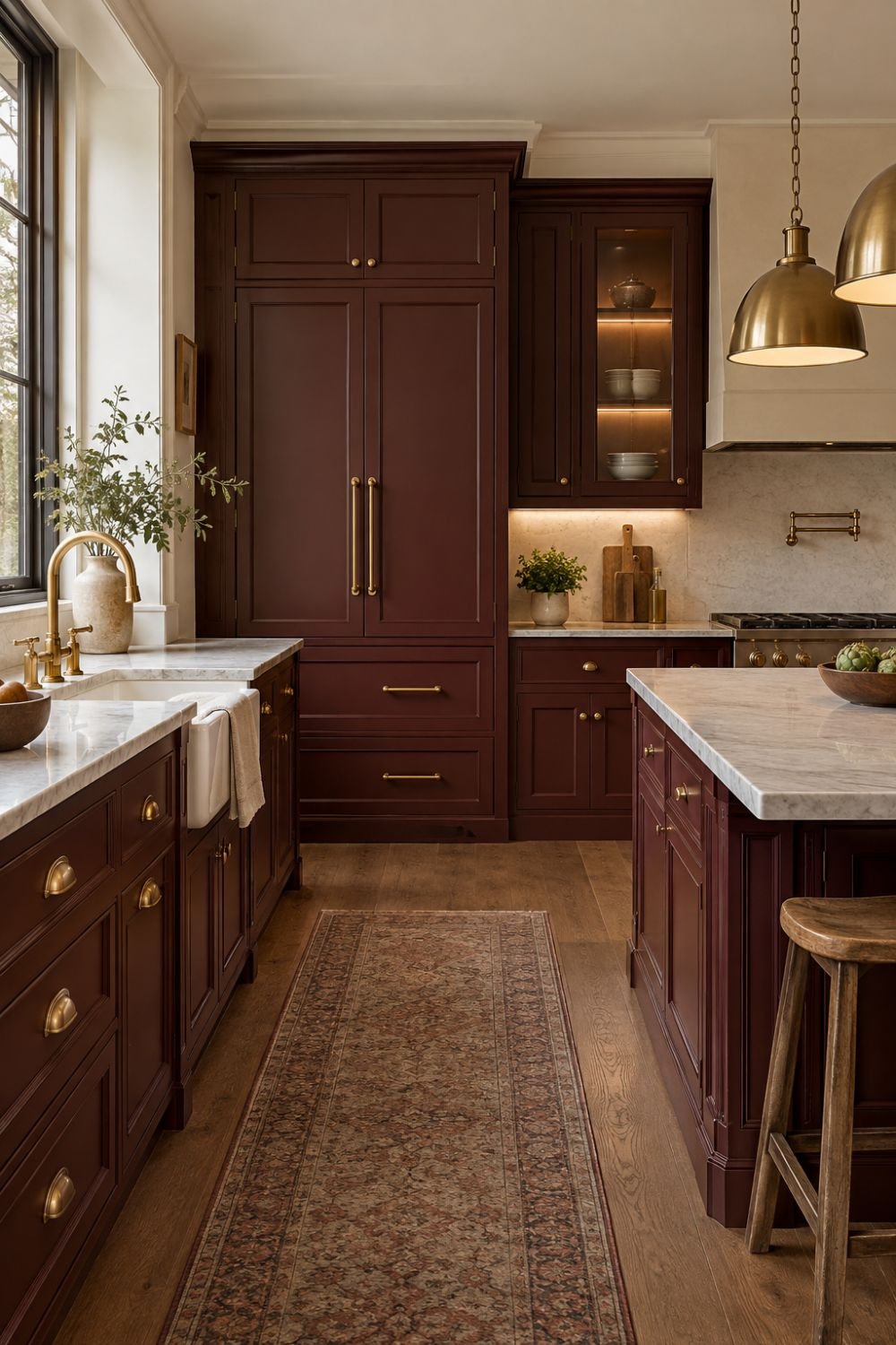 brass hardware oxblood kitchen idea