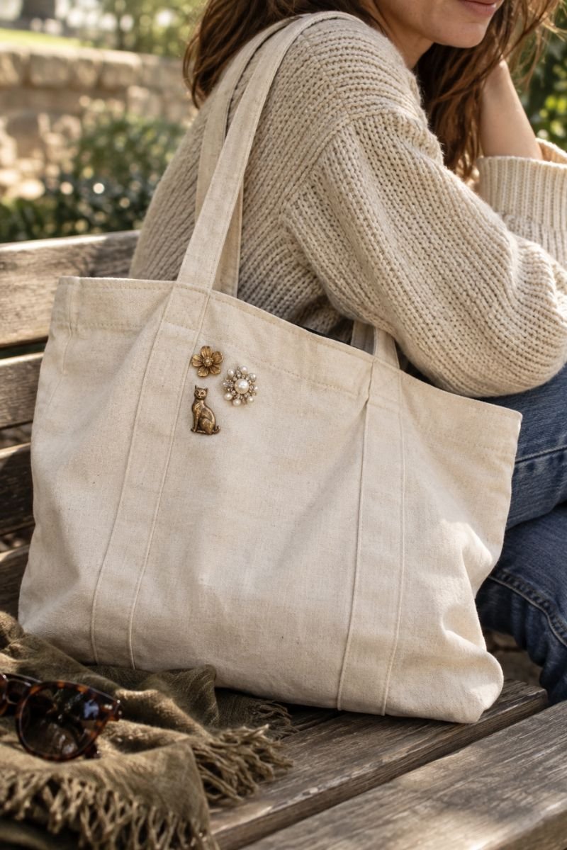 brooch cluster pinned on canvas tote bag