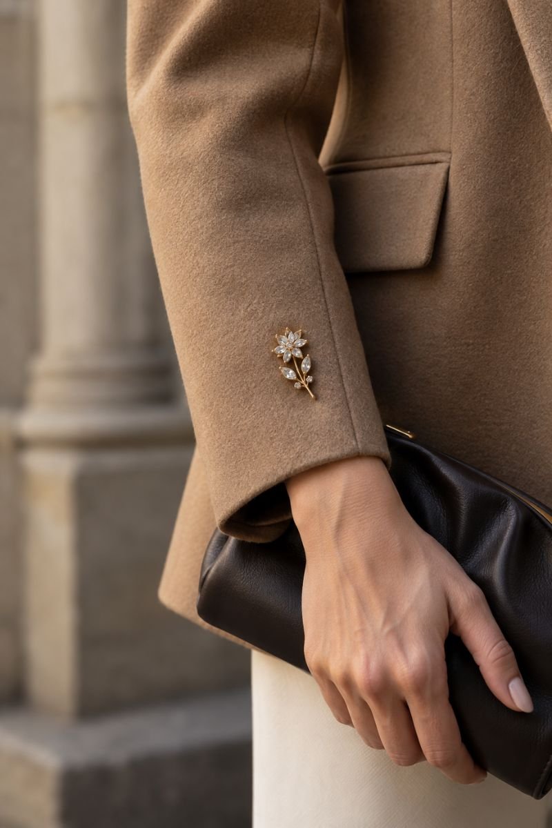 brooch pinned on blazer sleeve cuff