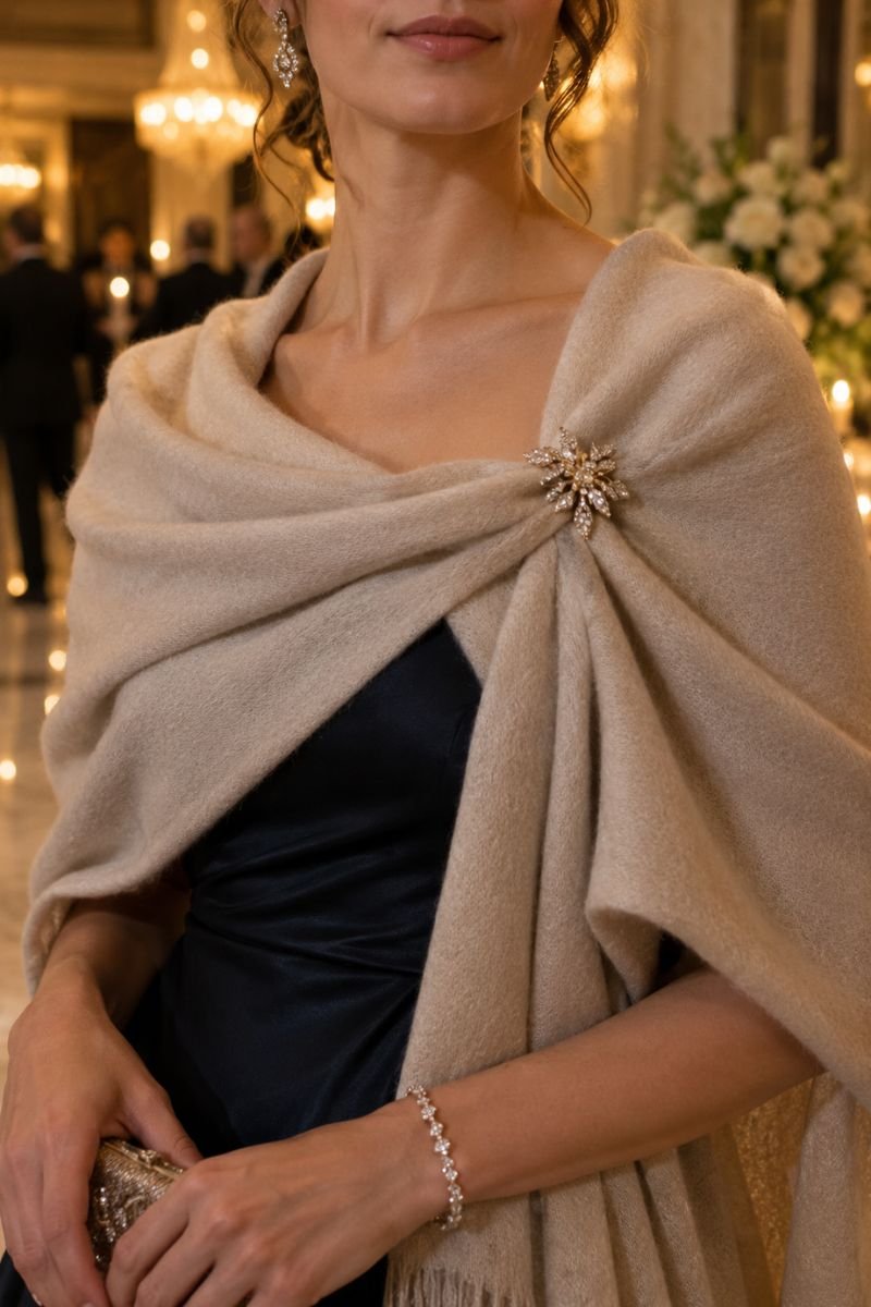 brooch securing shawl at front
