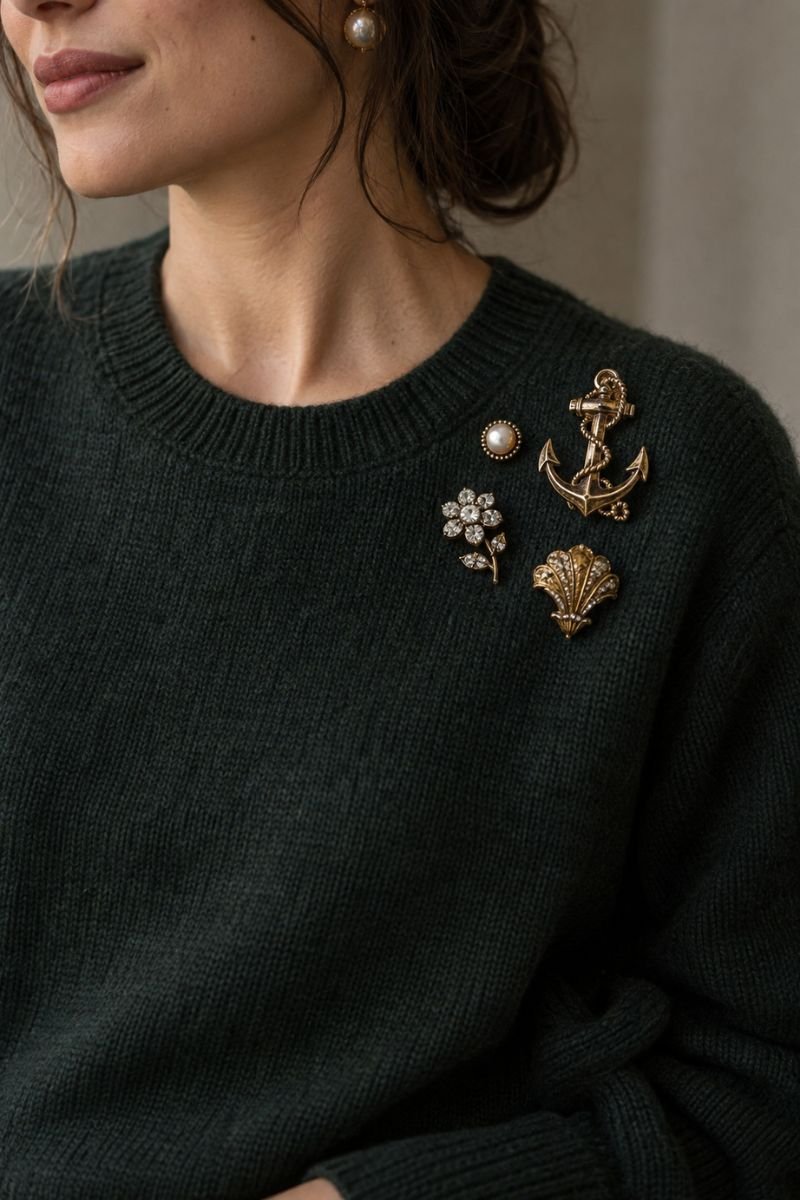 brooch stack cluster on knit sweater