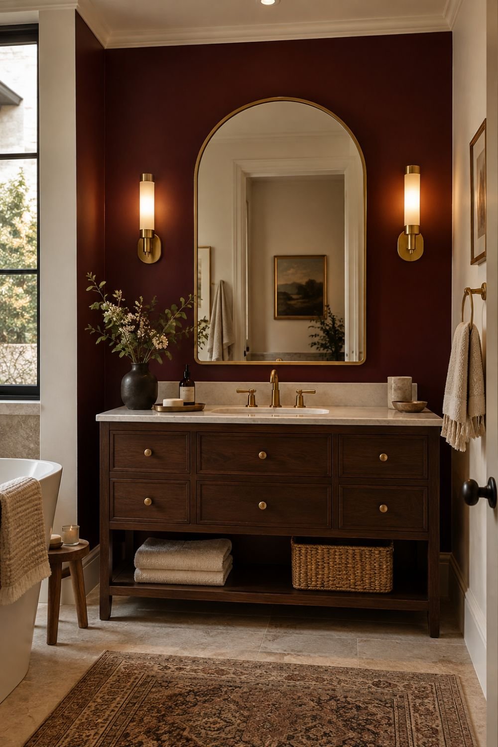 burgundy accent wall red bathroom decor idea