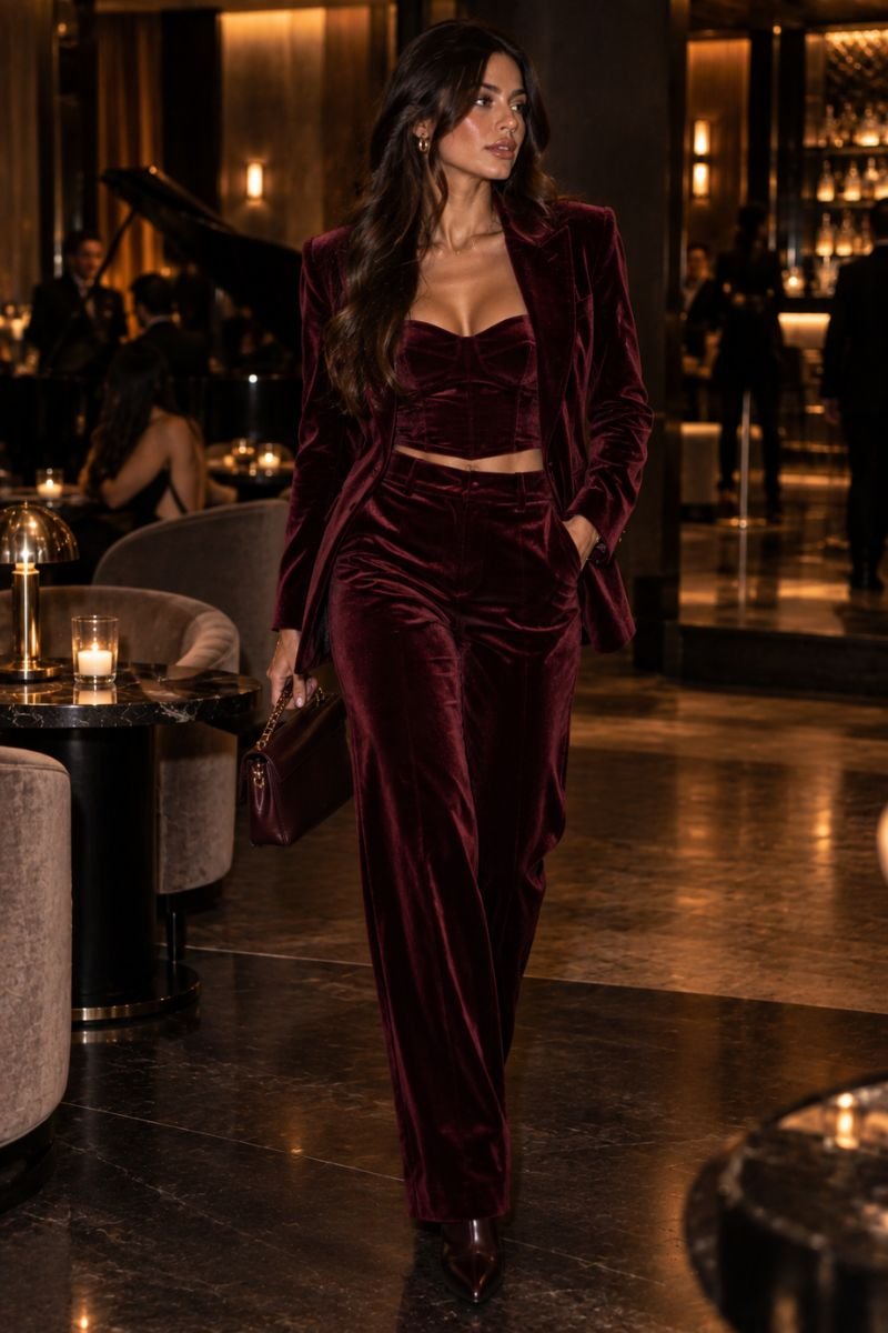 burgundy velvet evening set usher concert outfit idea