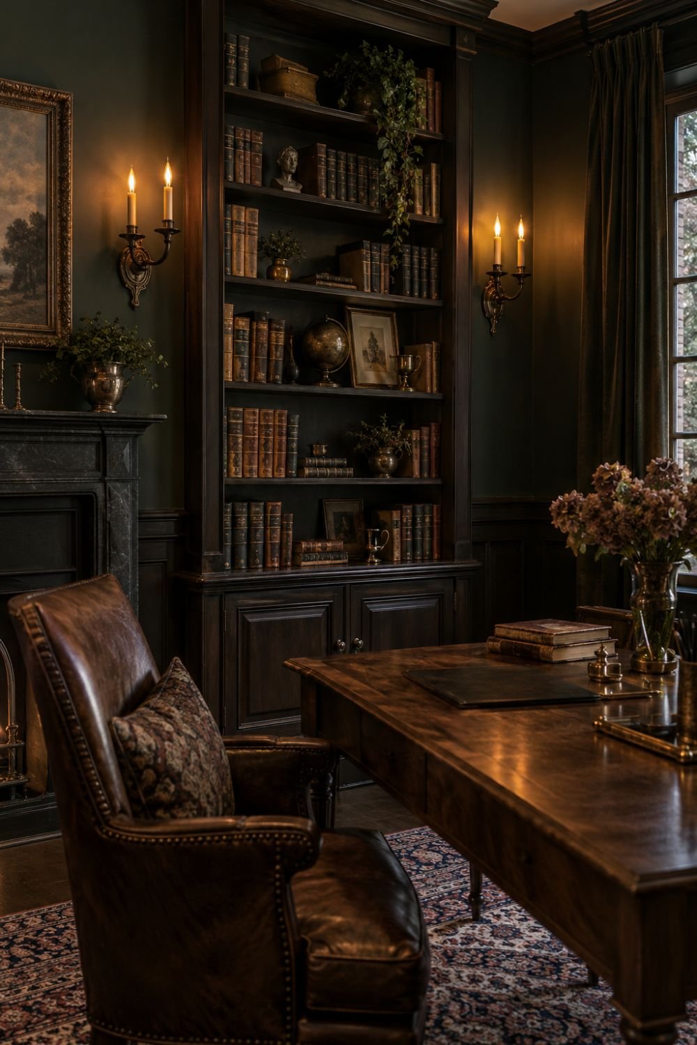 candle sconces dark academia home office idea