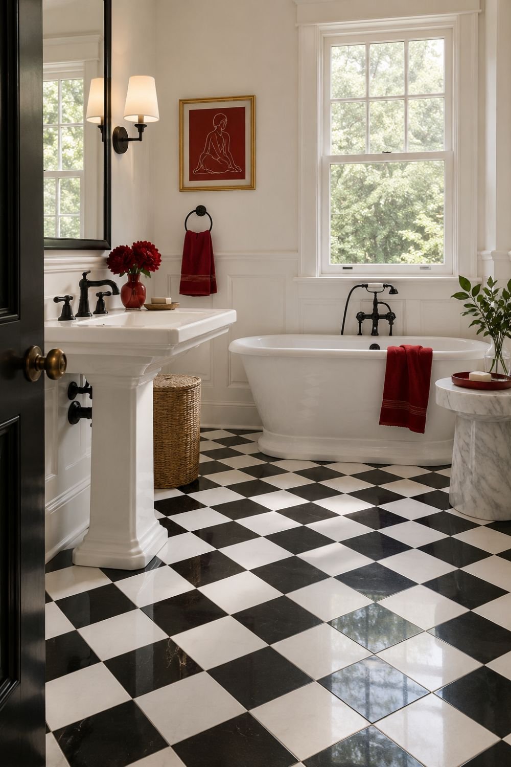 checkerboard floor red bathroom decor idea