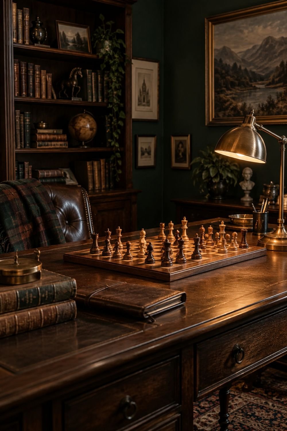 chess set dark academia home office idea