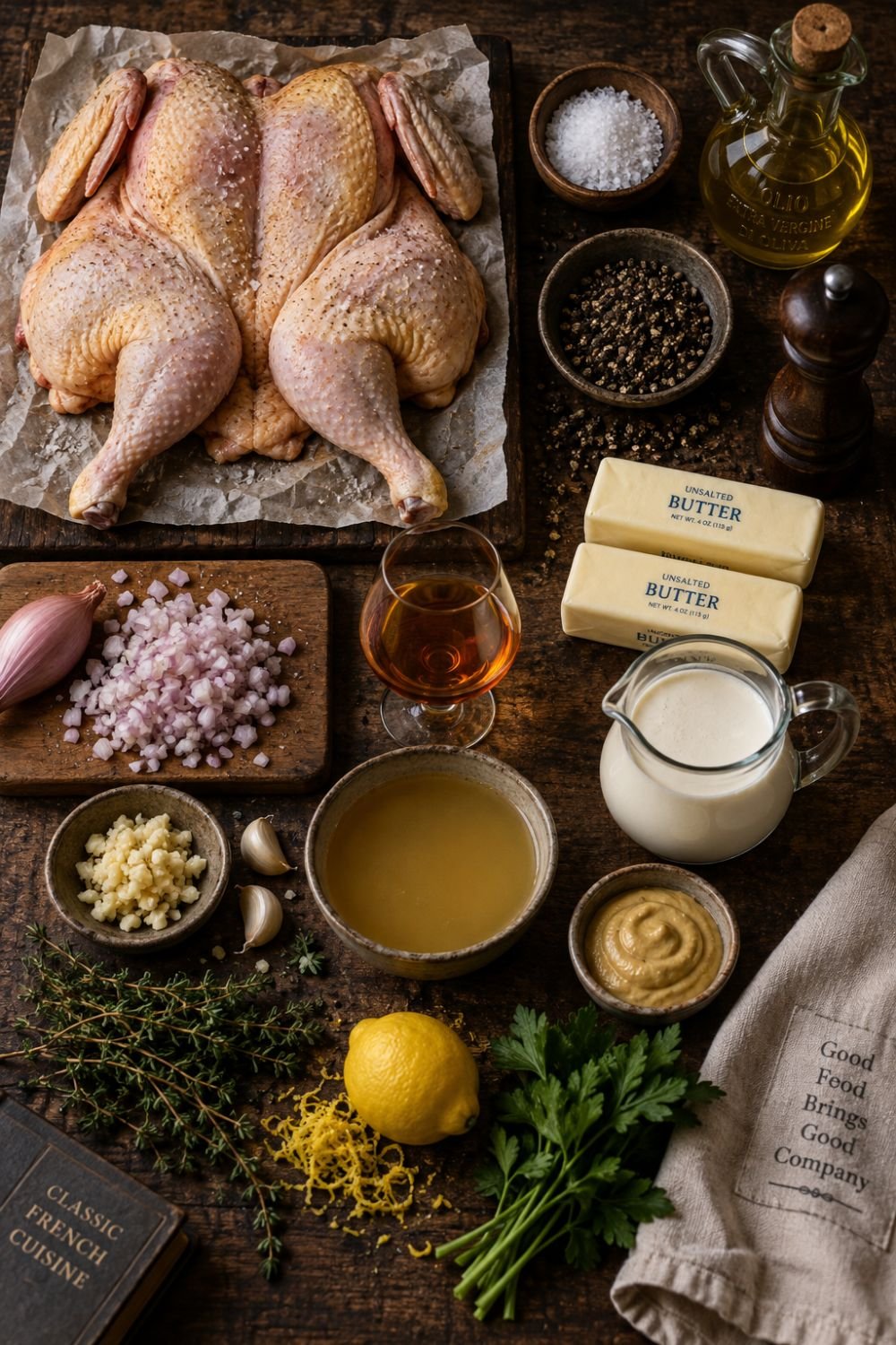 chicken au poivre recipe ingredients flat lay