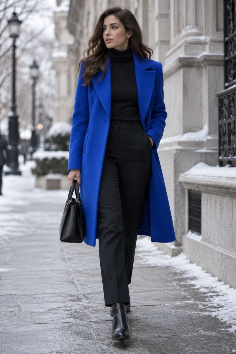 cobalt blue wool coat over black outfit