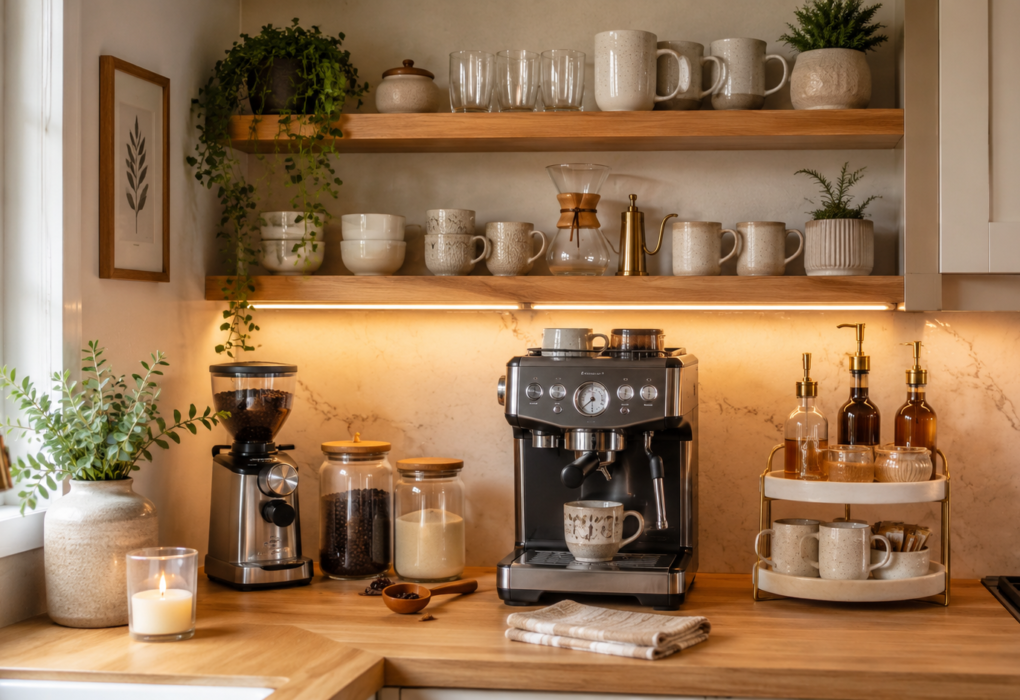 coffee bar styling ideas with open shelving and glass canisters