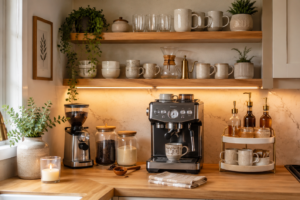 coffee bar styling ideas with open shelving and glass canisters