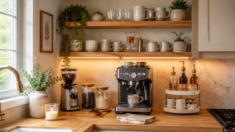 coffee bar styling ideas with open shelving and glass canisters