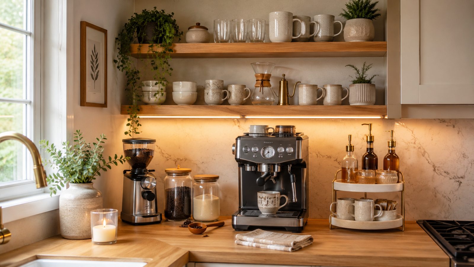 coffee bar styling ideas with open shelving and glass canisters