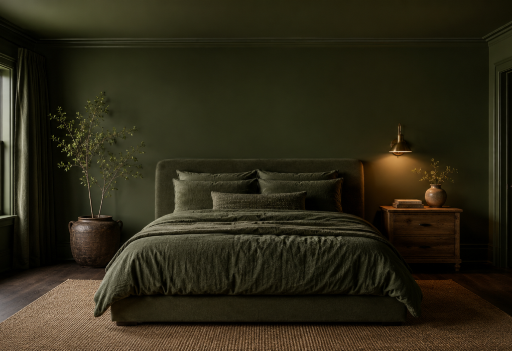 color drenched bedroom ideas with forest green walls and ceiling