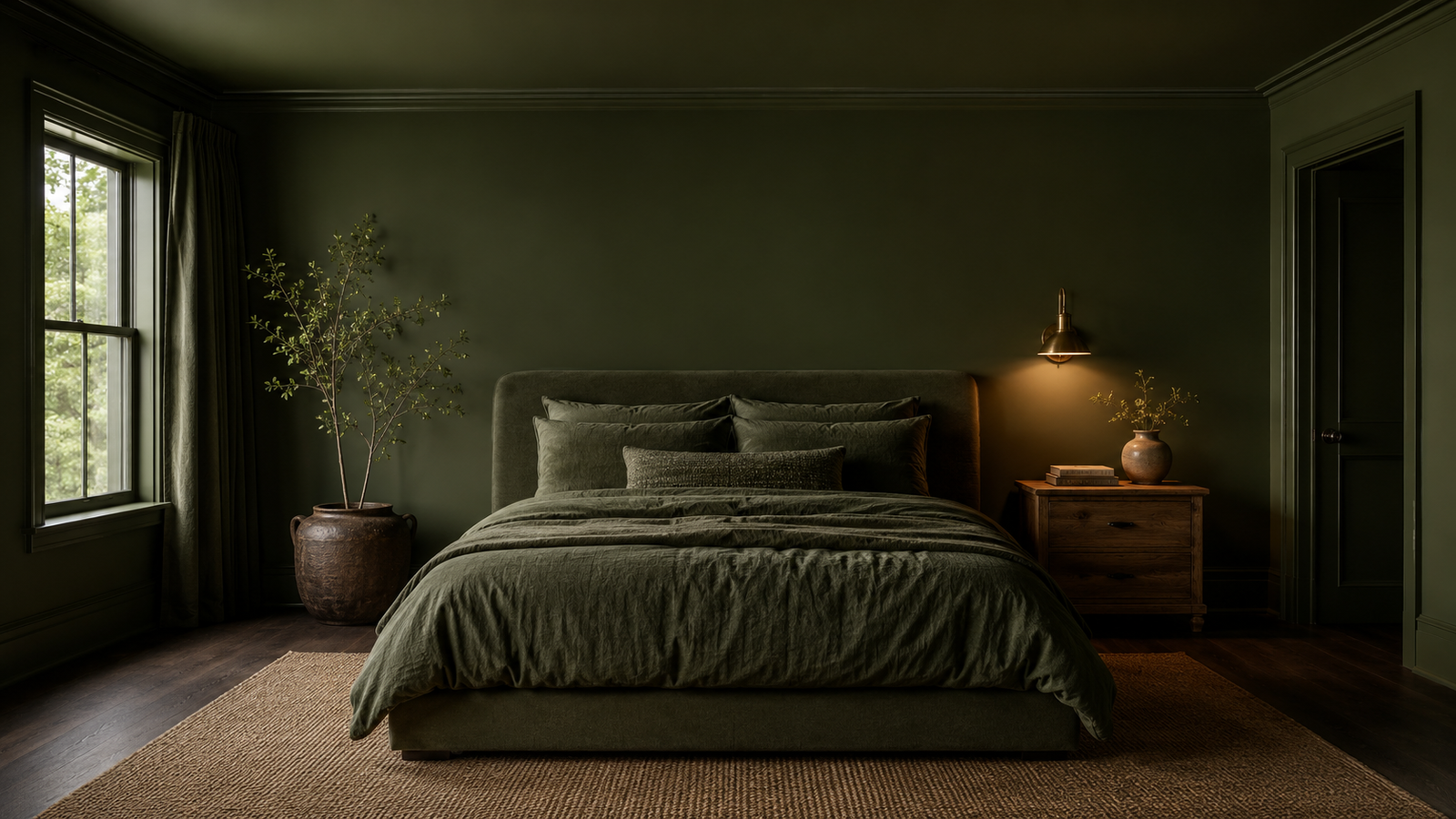 color drenched bedroom ideas with forest green walls and ceiling