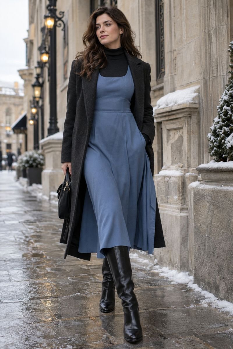 cool blue midi dress with boots winter styling