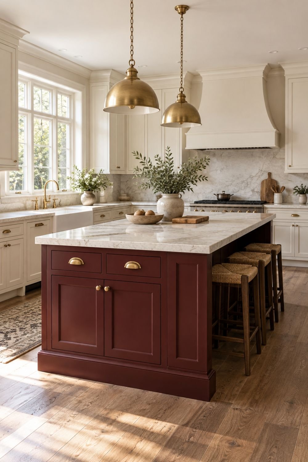 creamy white pairing oxblood kitchen idea