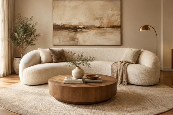 curved sofa living room ideas with boucle sofa and round coffee table