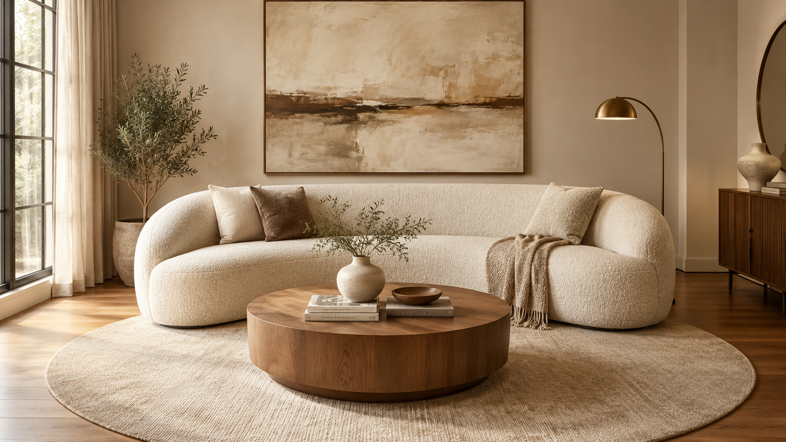 curved sofa living room ideas with boucle sofa and round coffee table
