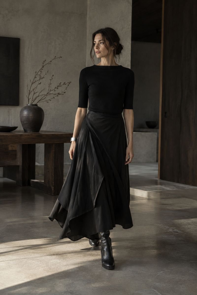 draped midi skirt zen goth outfit idea