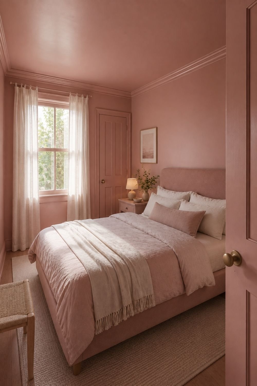 dusty rose drench color drenched bedroom idea