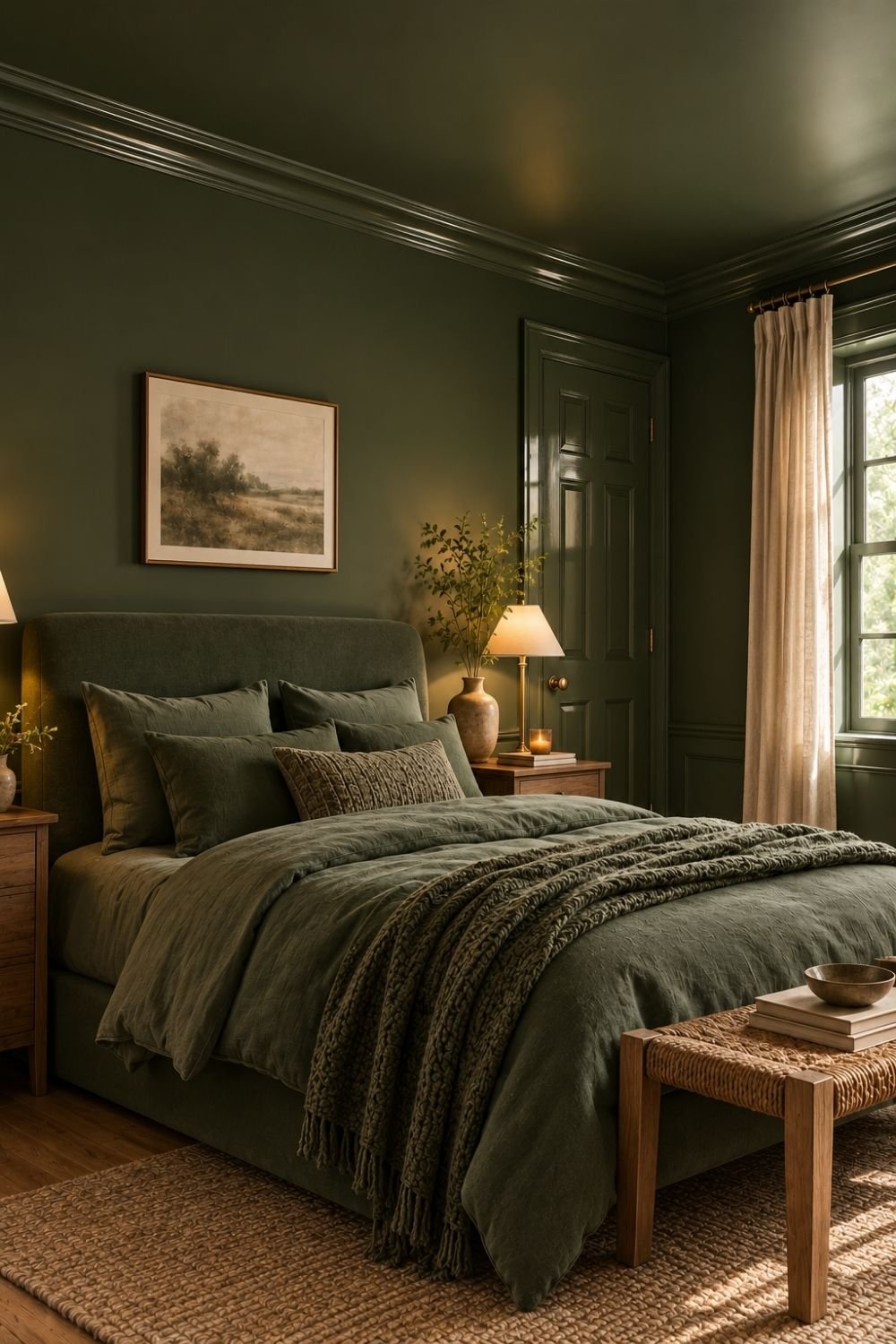 finish contrast color drenched bedroom idea